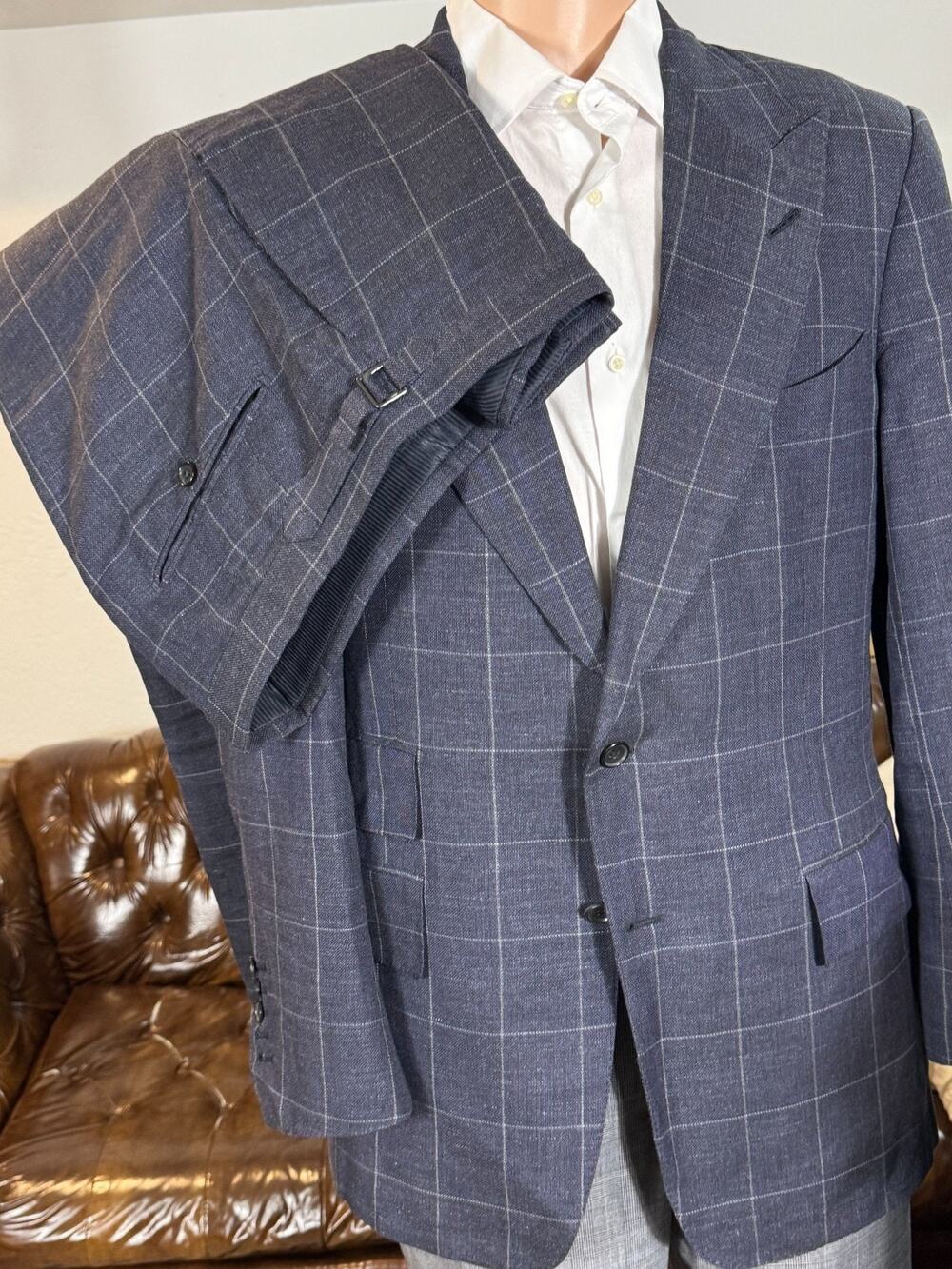 Tom Ford Linen Blend Windowpane Peak Lapel Suit 2Pc 42R 37x30 Trousers Windsor